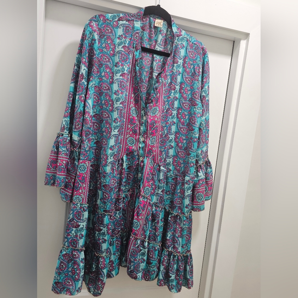 Boho Tunic Dress in Teal and Magenta 100% Art Silk One Size